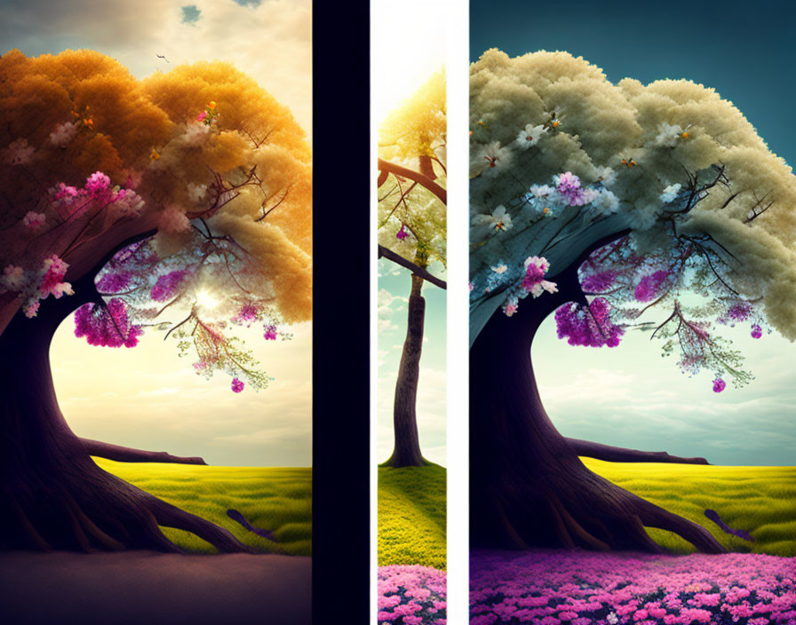 Split image of vibrant tree in spring and autumn seasons