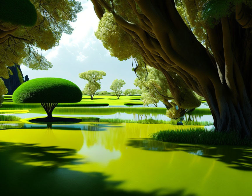 Tranquil landscape with lush green trees and lime-green lake