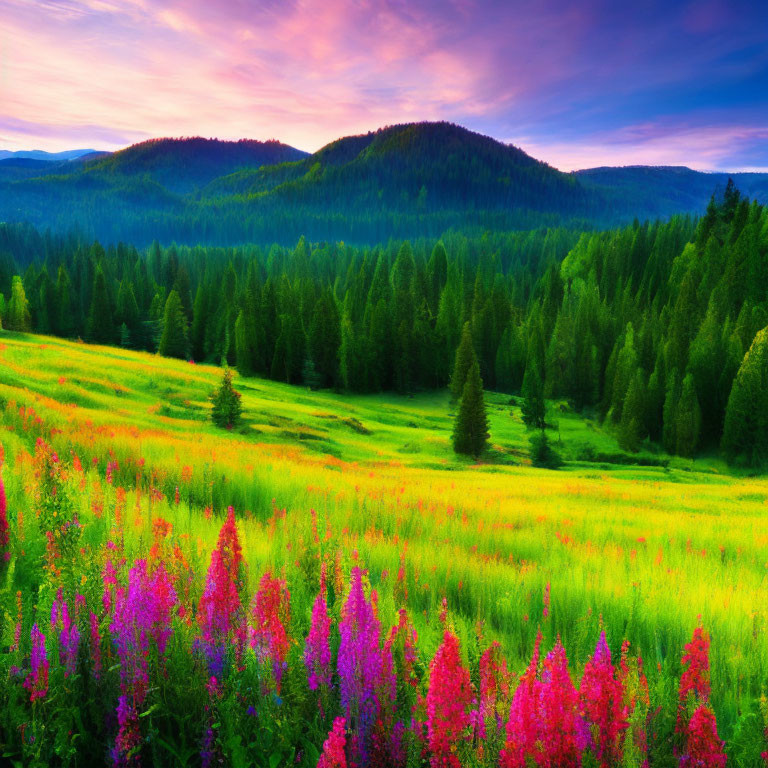 Colorful Meadow and Forest Landscape at Sunset