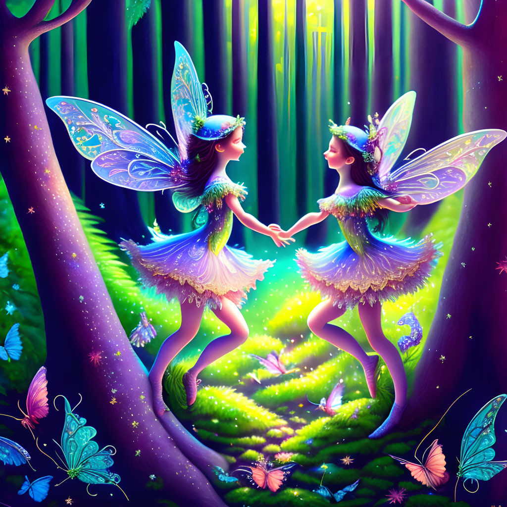 Enchanted forest scene with two fairies holding hands