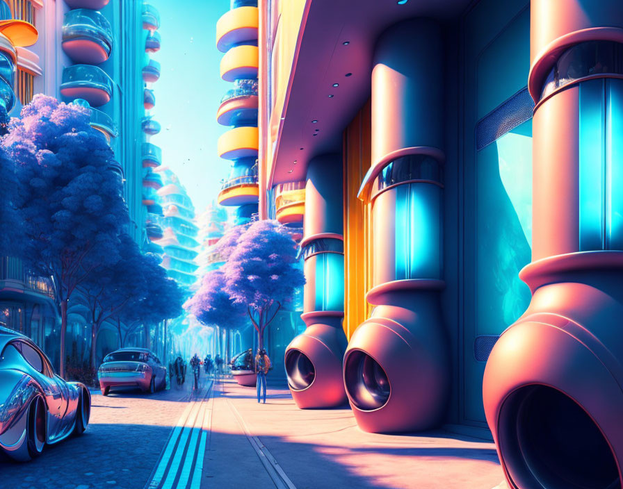 Futuristic cityscape with sleek vehicles and tall buildings under purple sky