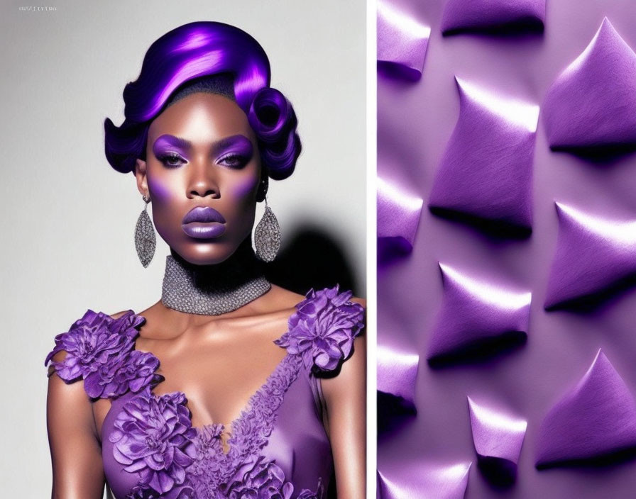 Vibrant purple hair woman portrait with matching makeup and dress next to abstract purple fabric shapes