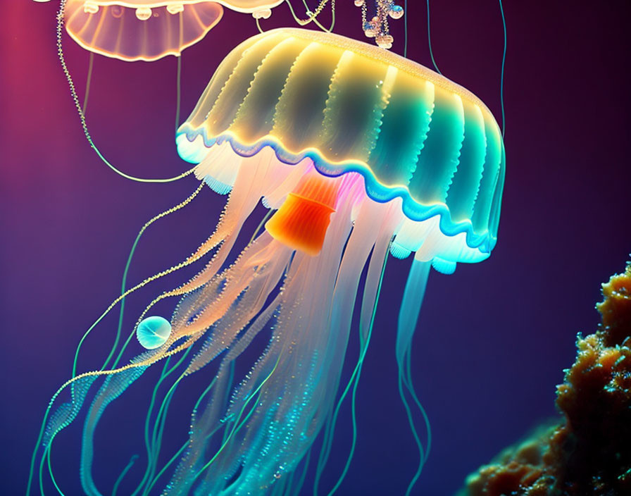 Vibrant jellyfish digital art in dark oceanic setting