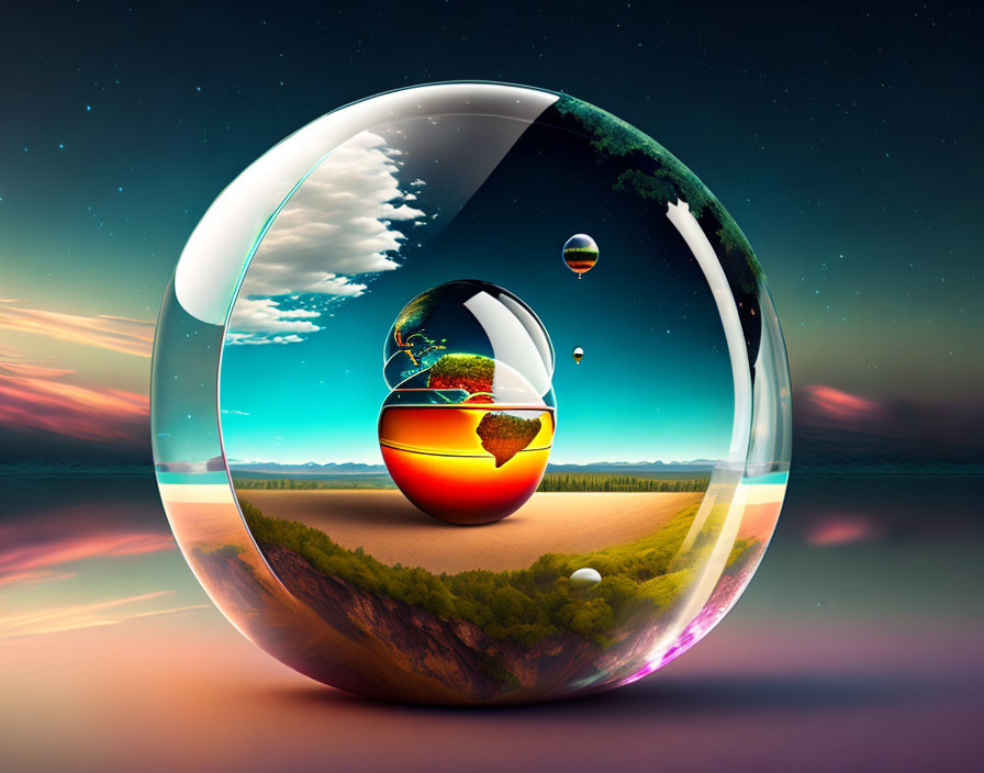 Nested Reflective Spheres Depicting Surreal Landscapes