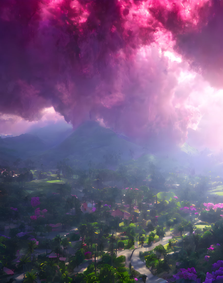 Colorful landscape with purple sky, lush valley, and pink flora