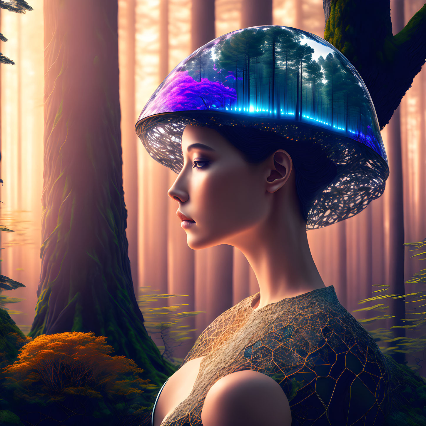 Woman in transparent forest helmet surrounded by towering trees