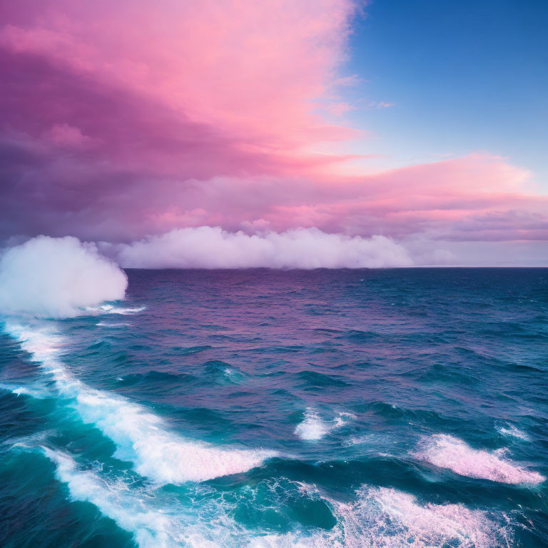 Dramatic ocean scene with crashing waves and colorful sky