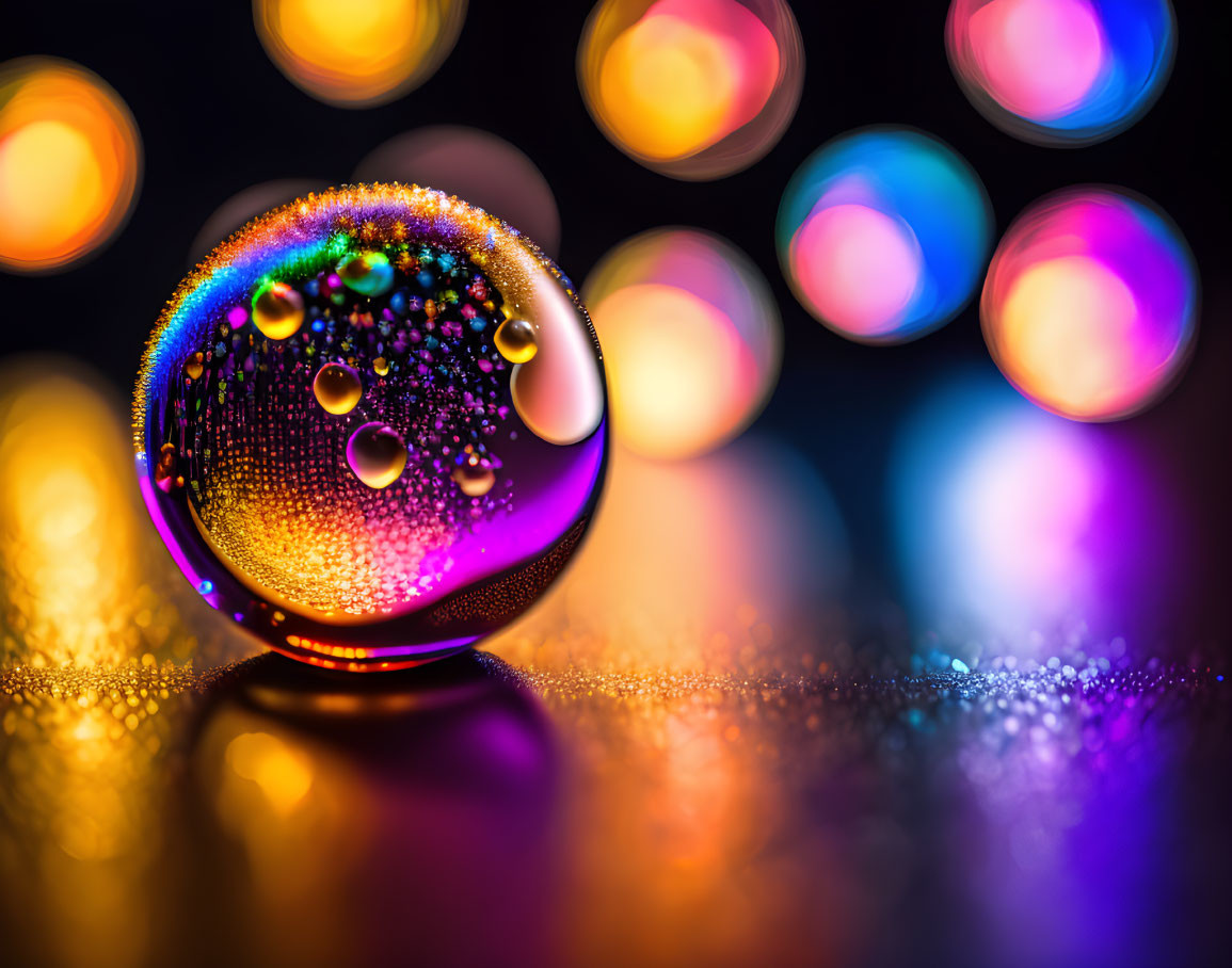 Colorful Crystal Ball with Water Droplets on Reflective Surface and Bokeh Lights Background