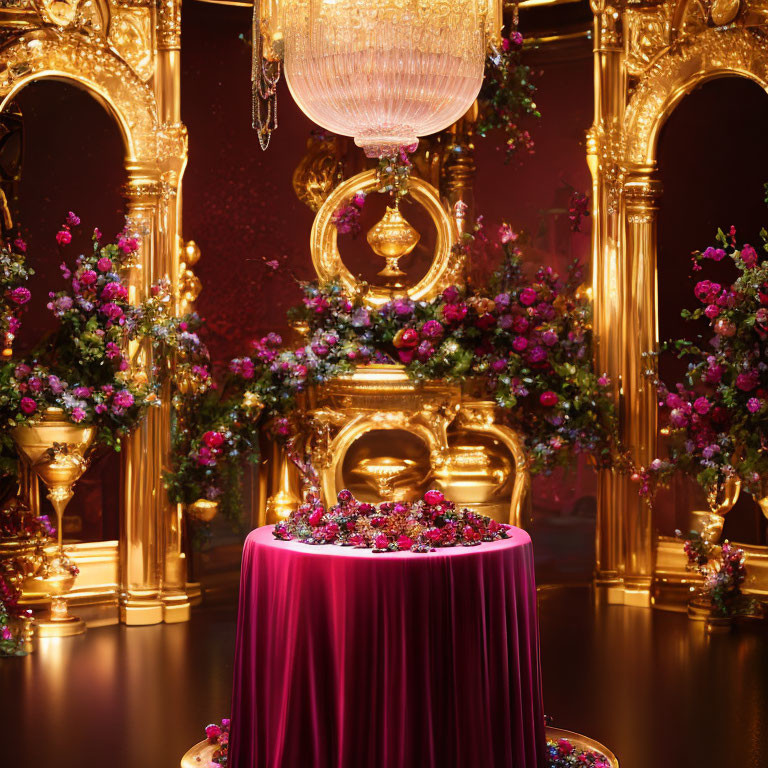 Luxurious Room with Golden Mirrors, Chandelier, and Floral Decorations