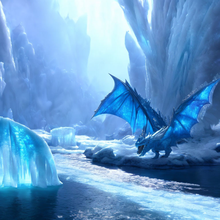 Majestic blue dragon in frozen landscape with towering ice formations
