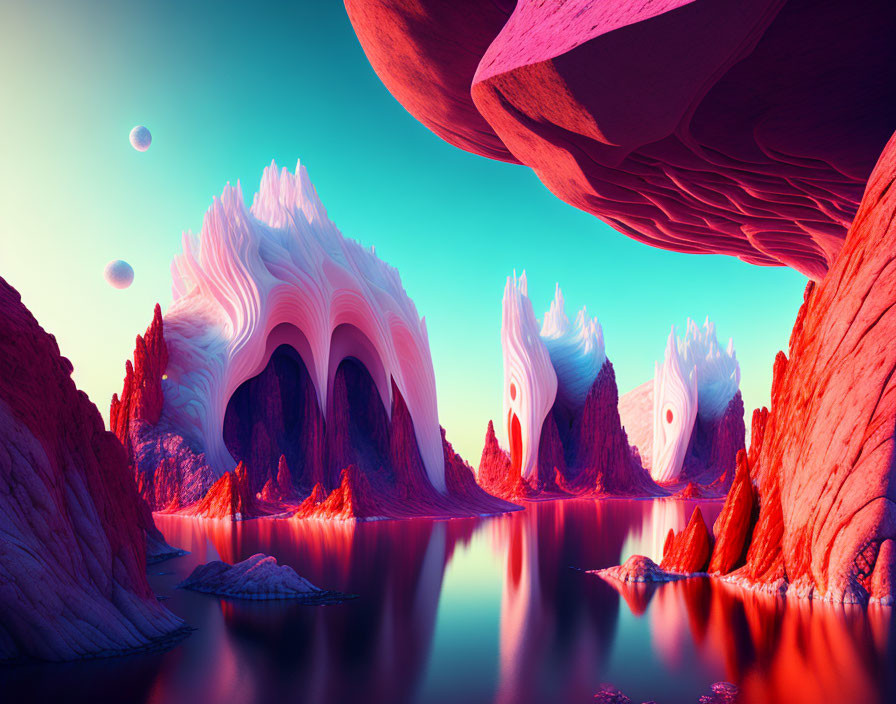Vibrant red and white rock formations in surreal landscape with multiple moons.