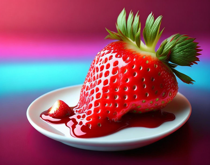 Juicy ripe strawberry on white plate against pink and purple gradient background