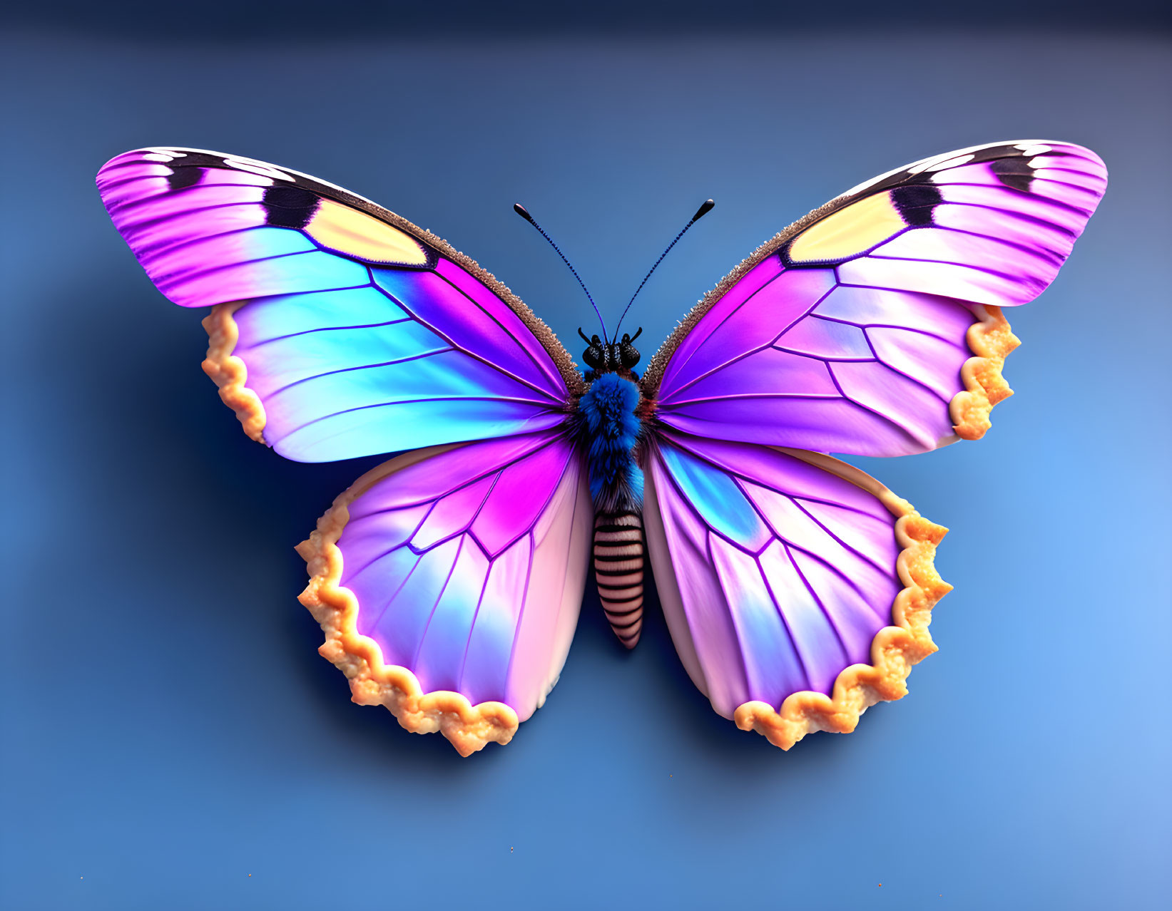 Colorful Butterfly Illustration with Purple and Blue Wings on Gradient Blue Background
