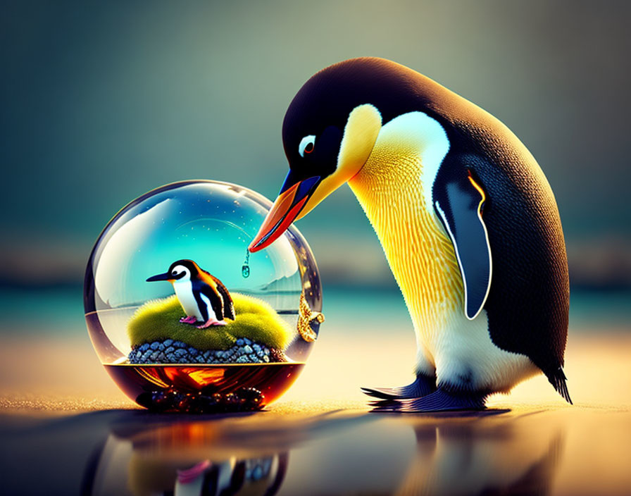 Curious penguin gazes at miniature penguin in globe