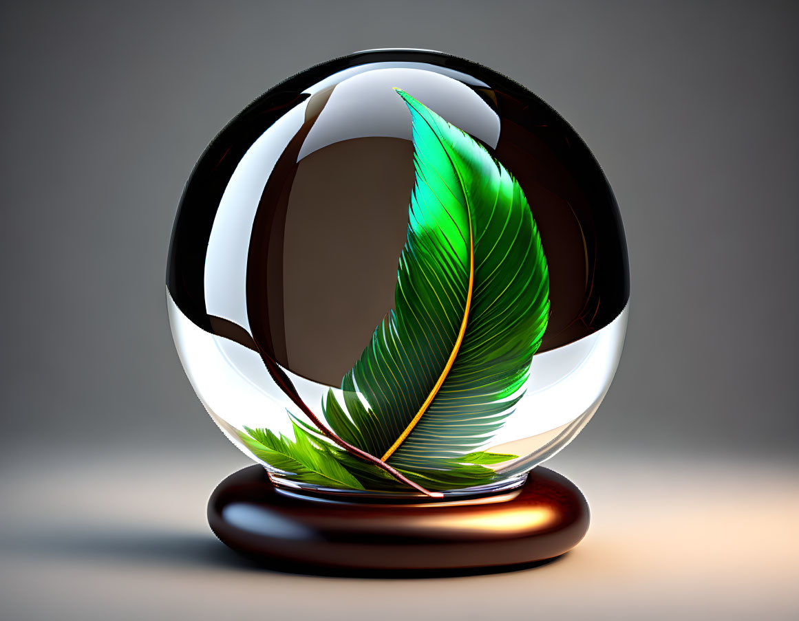 Green feather in transparent sphere on wooden base with grey backdrop