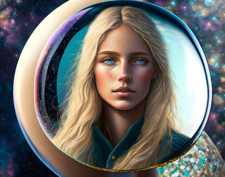 Blond-haired woman with blue eyes surrounded by celestial orbs and stars