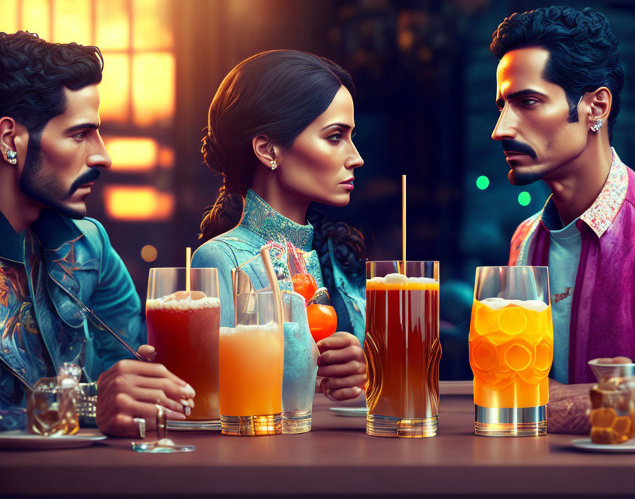 Stylized characters in bar setting with colorful drinks
