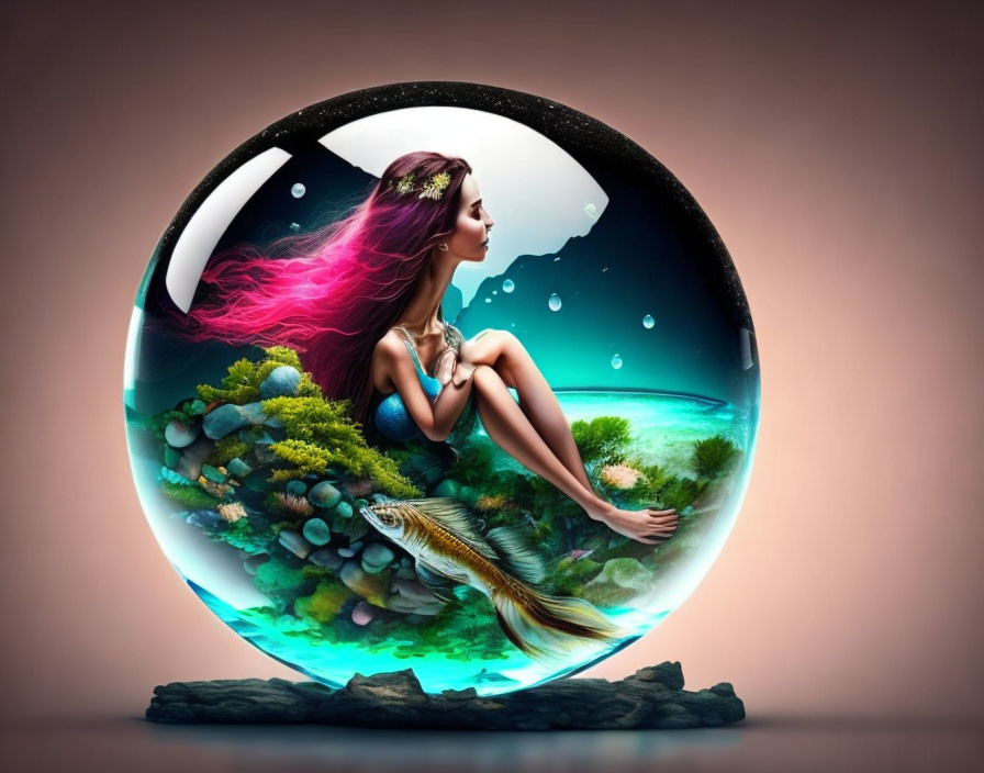 Pink-haired woman in bubble surrounded by underwater scene with coral and fish