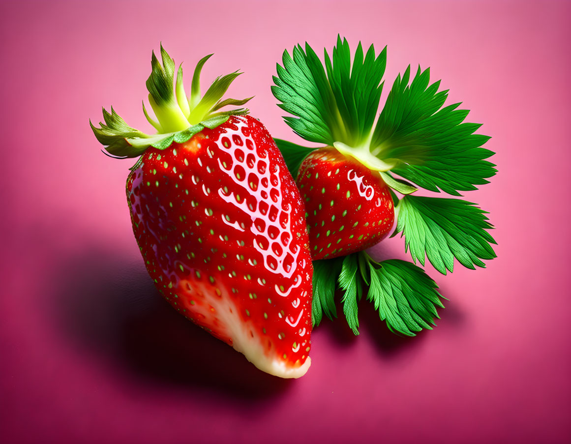 Vivid pink background with two ripe strawberries and green leaves
