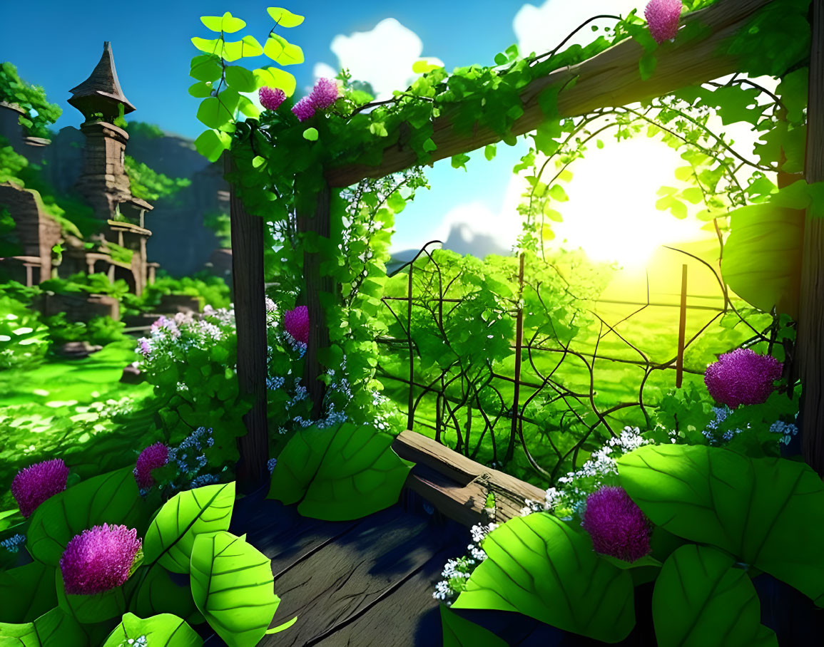 Sunlit garden with blooming flowers and tower in digital artwork