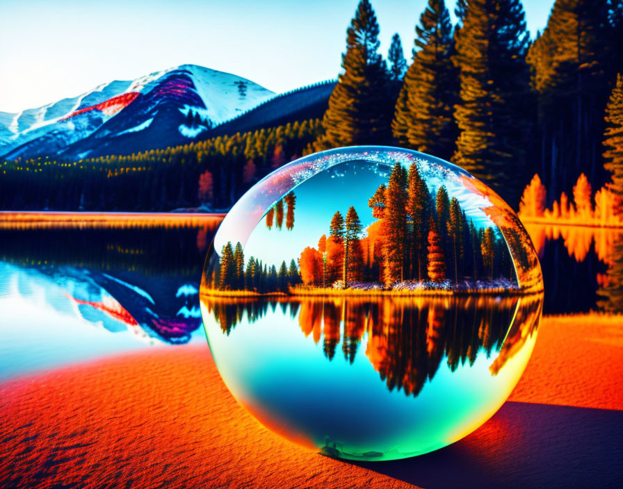 Crystal ball on sandy shore reflects vibrant forest and mountain landscape at sunset