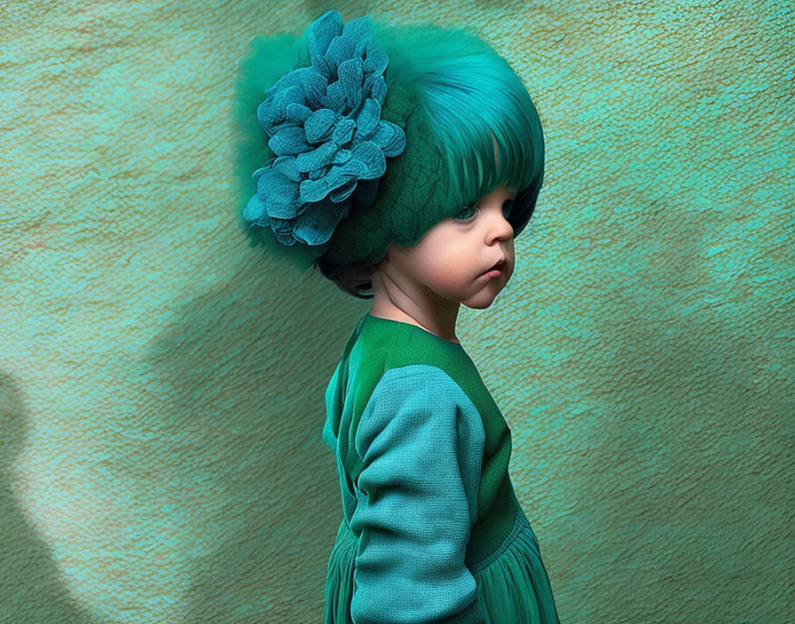 Child with Teal Bob Haircut and Floral Hair Accessory on Green Background