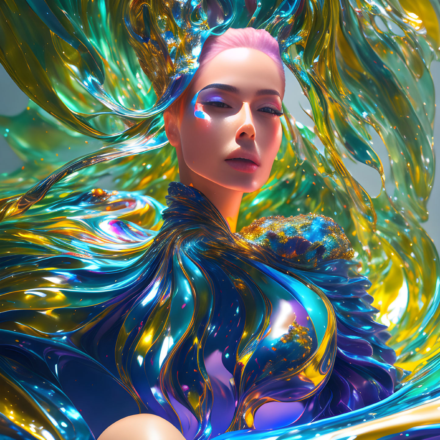 Colorful digital artwork: Person with iridescent hair and attire in blue, gold, and green