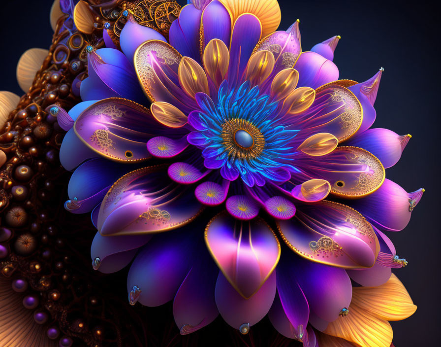 Colorful digital artwork: Purple and gold flower with intricate details on dark background