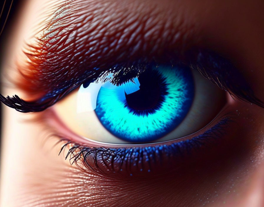 Vivid blue eye with long eyelashes and cornea reflection.