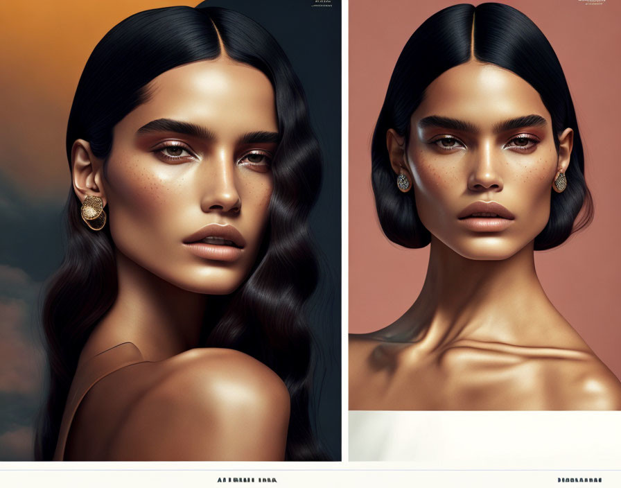 Split-Image Portrait Featuring Model with Sleek Hair, Striking Makeup, and Prominent Freck