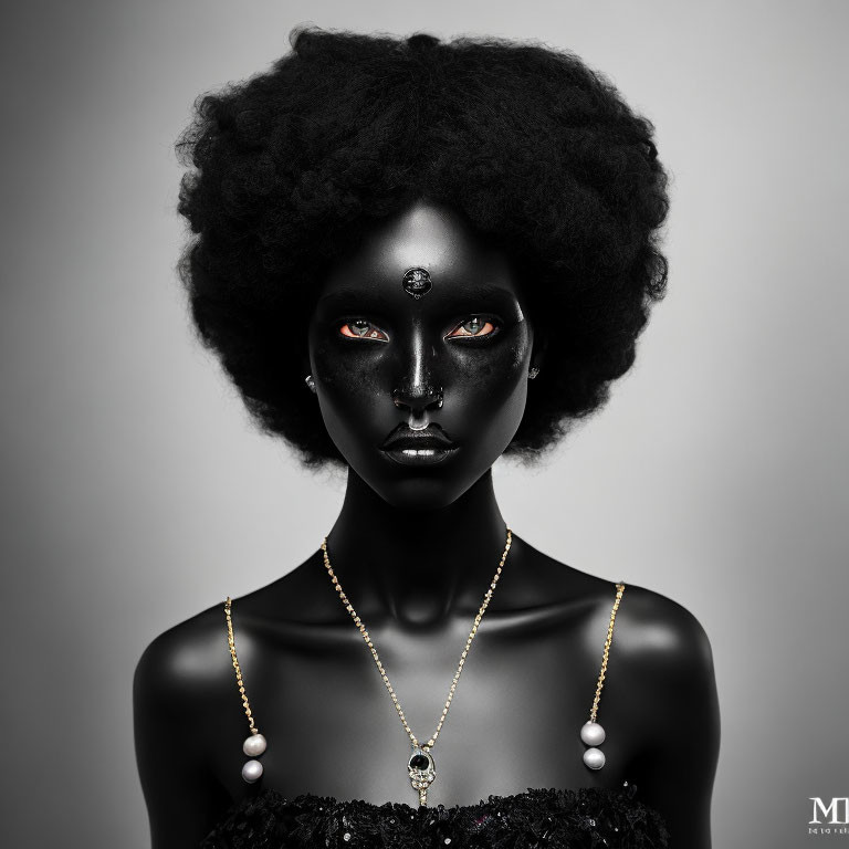 Dark-skinned person with striking black makeup and afro hairstyle adorned with ornate accessories.