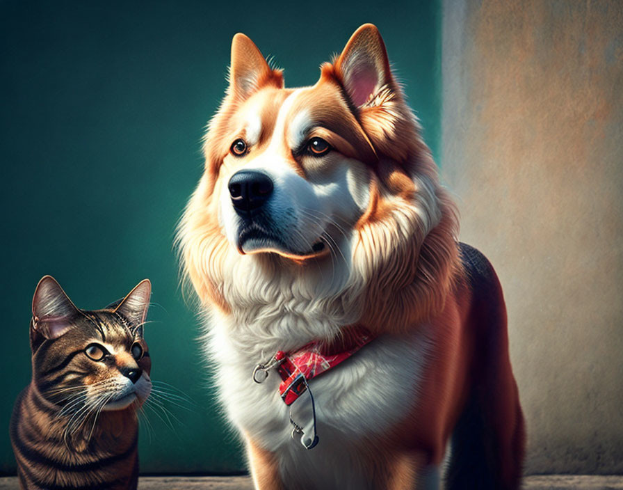 Brown and White Dog with Red Collar Next to Striped Cat against Muted Background