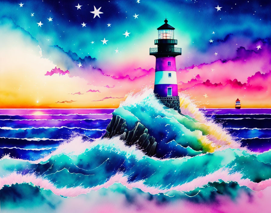 Lighthouse illustration on rocky outcrop with crashing waves under colorful twilight sky