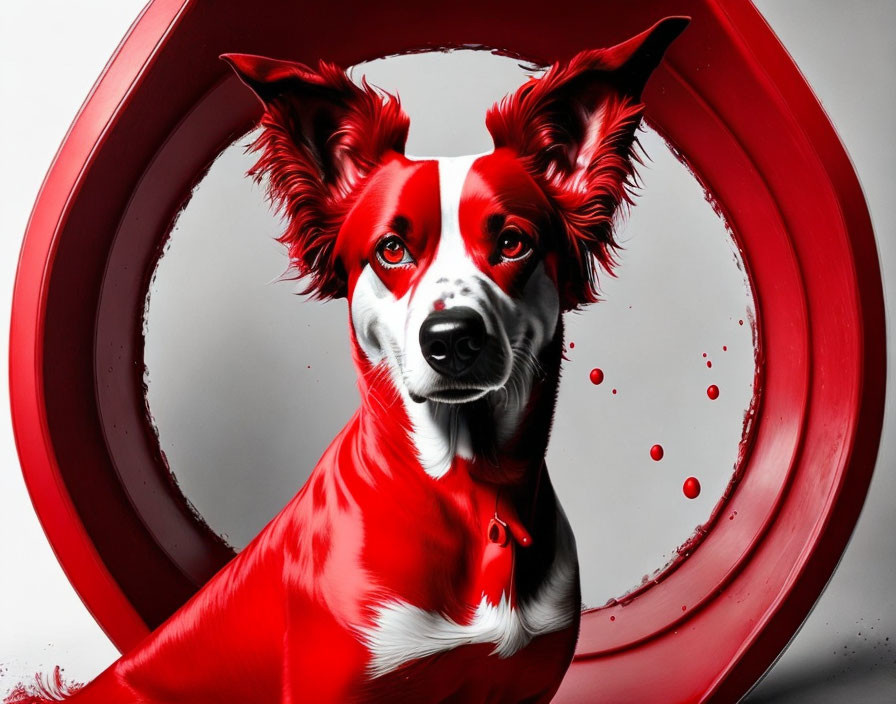 Stylized red and white fur dog in circular frame on red background