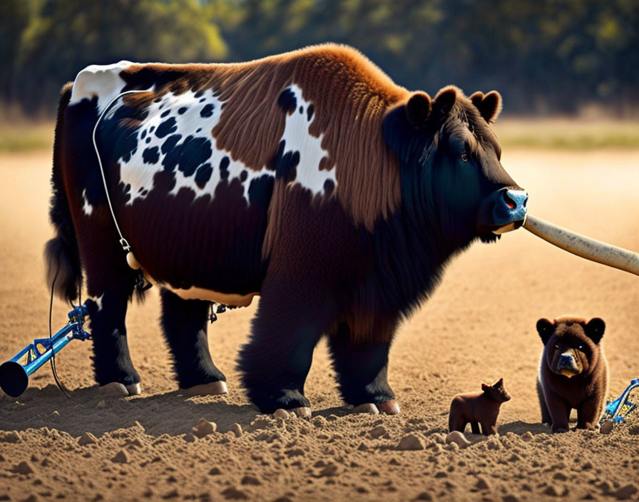 Fluffy cow, bear cub, and dog with instruments in field