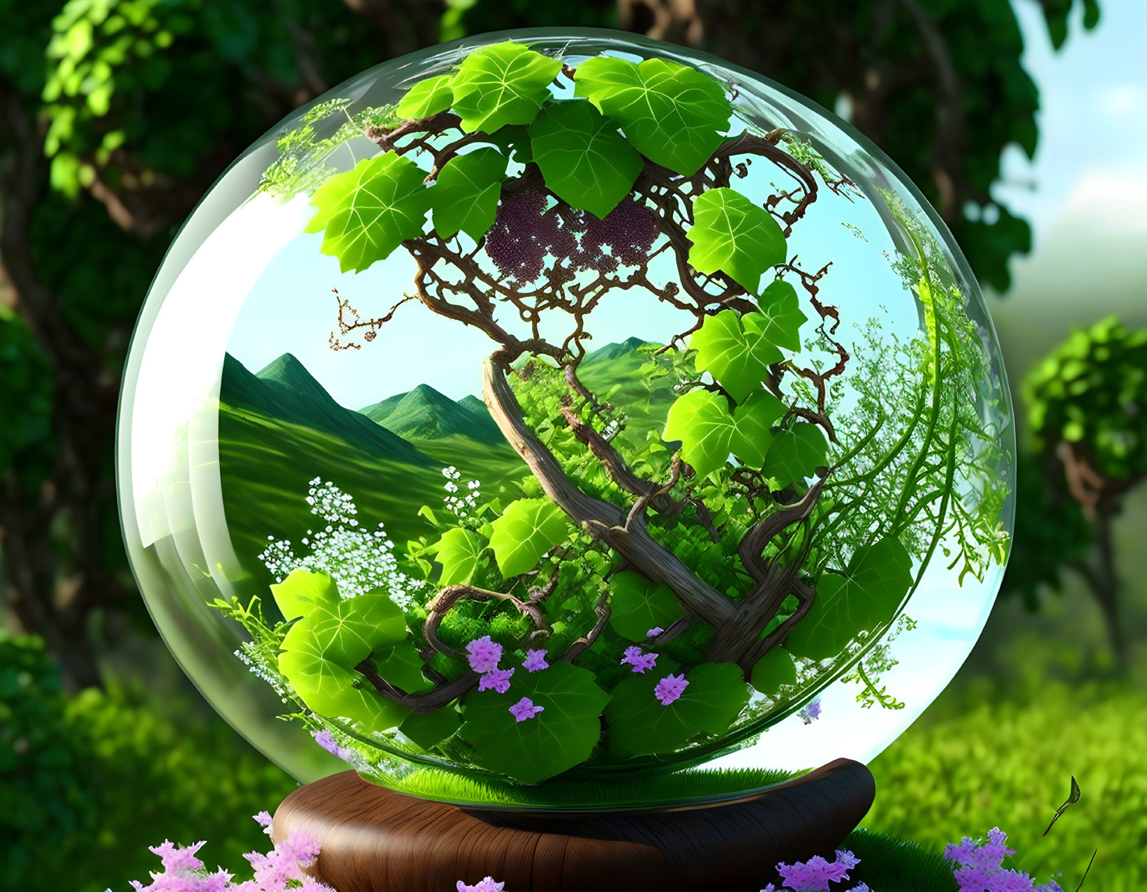 Lush Green Tree & Purple Flowers in Glass Terrarium on Wooden Stand