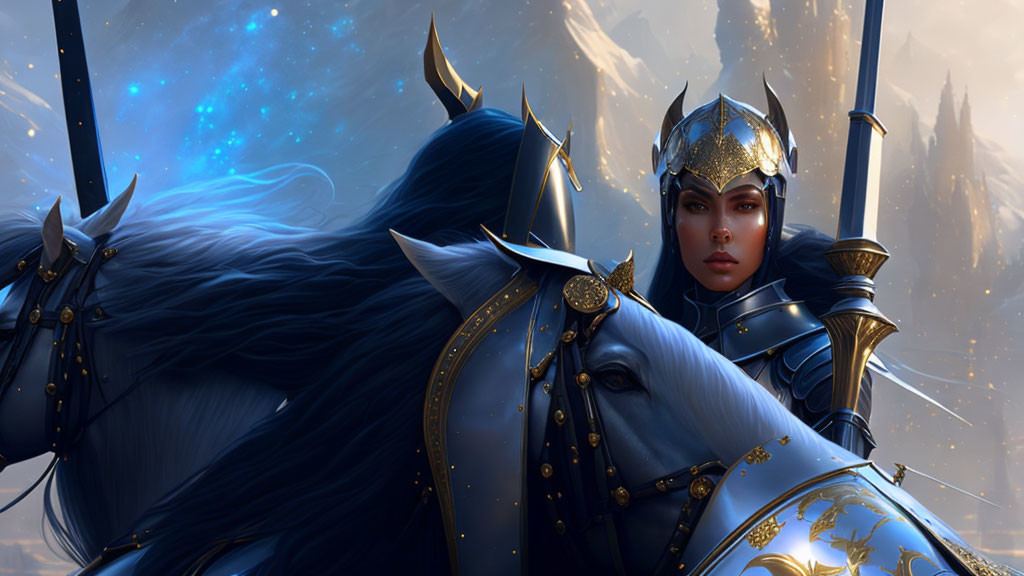 Majestic female warrior in blue armor on a blue horse under starry skies