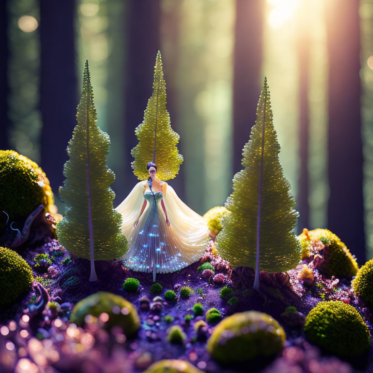 Miniature fairy in glowing scene with moss and trees