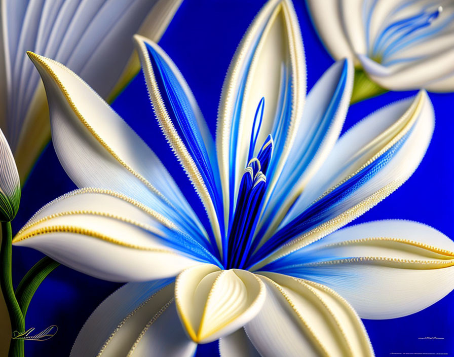 Stylized blue and white flower with gold trim on deep blue background