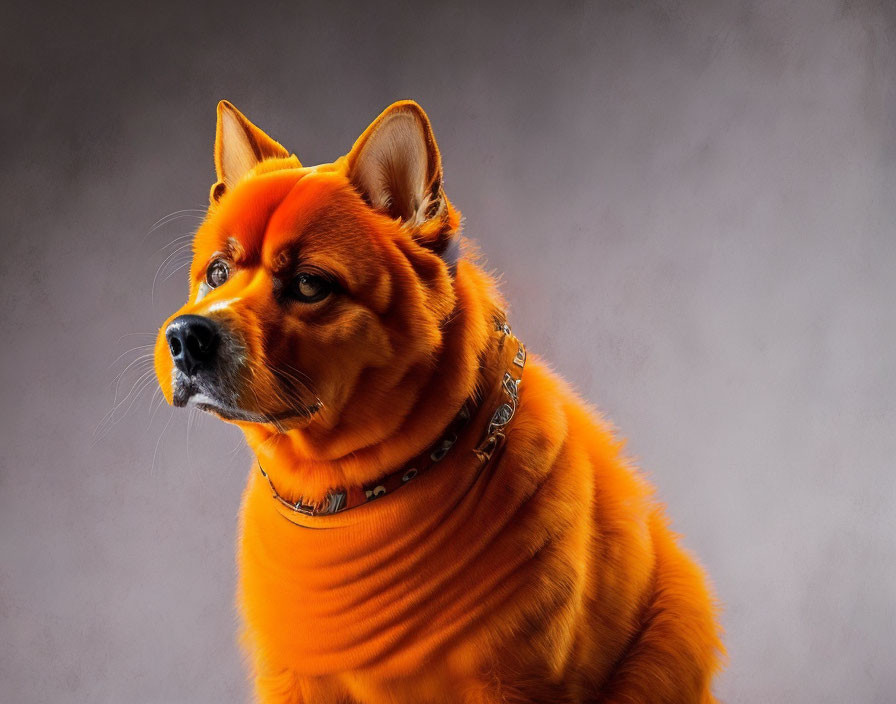 Orange-tinted dog with collar in moody gray setting