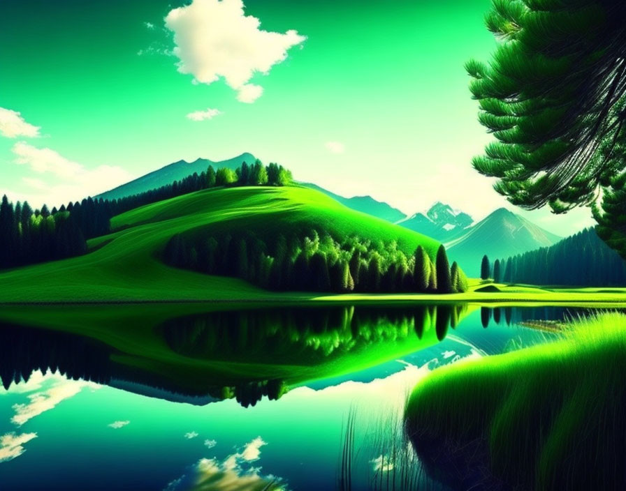 Tranquil landscape: Green hills, trees, lake, blue sky