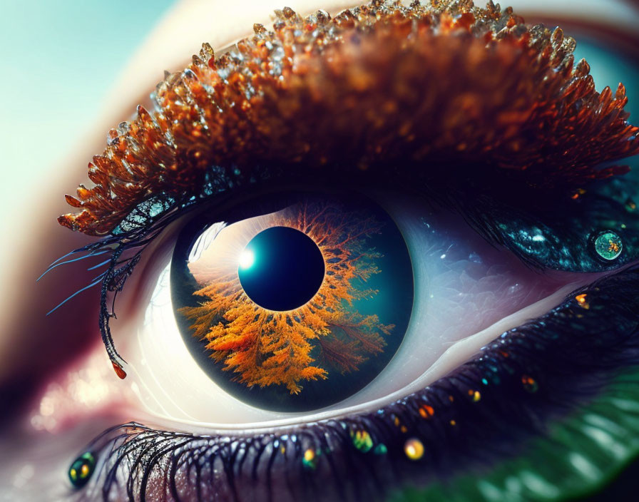 Detailed close-up of human eye with long eyelashes and fractal-like iris patterns