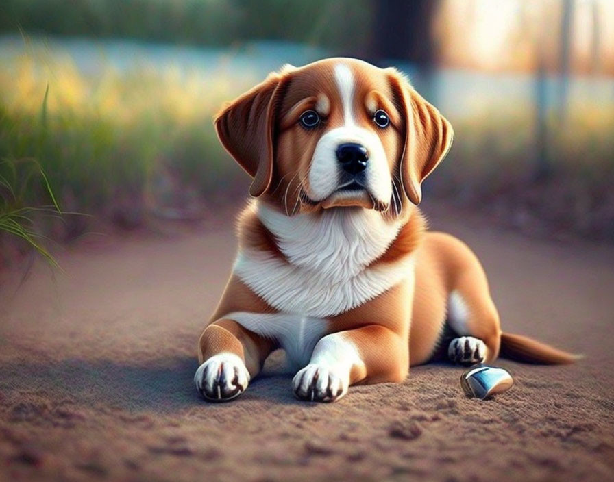 Brown and White Puppy with Soulful Eyes and Bell Collar sitting on the ground