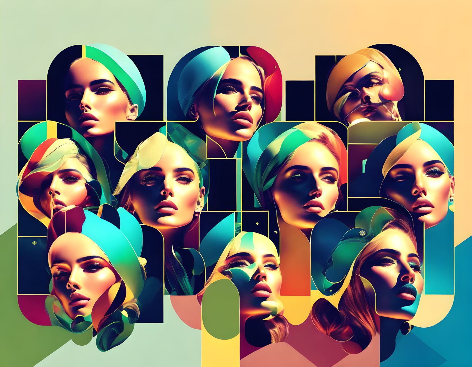 Colorful Stylized Female Faces in Grid Pattern with Modern Fashion and Abstract Design