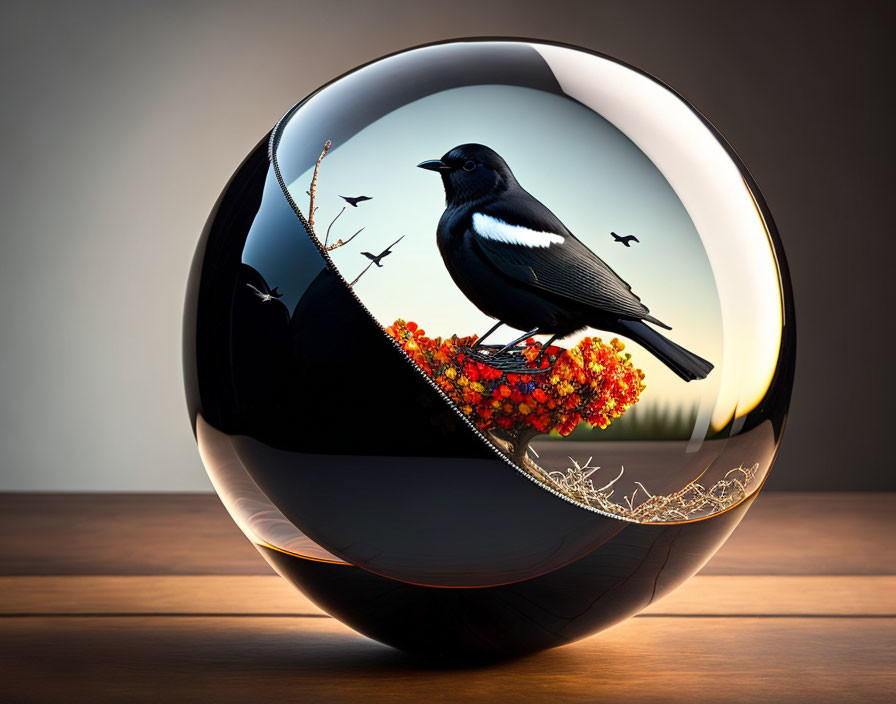 Glossy sphere with bird on red berries in serene sunset scene