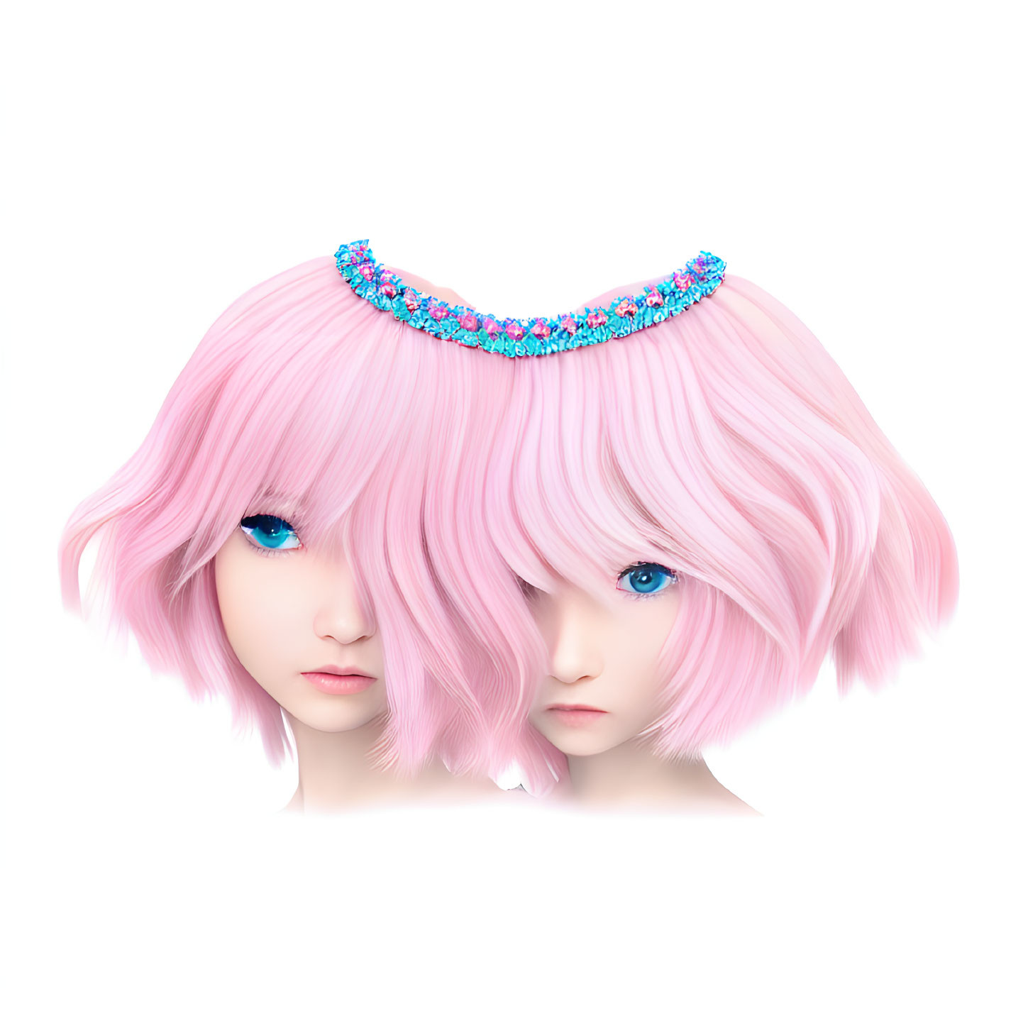 Identical Female Animated Characters with Pink Hair and Blue Eyes