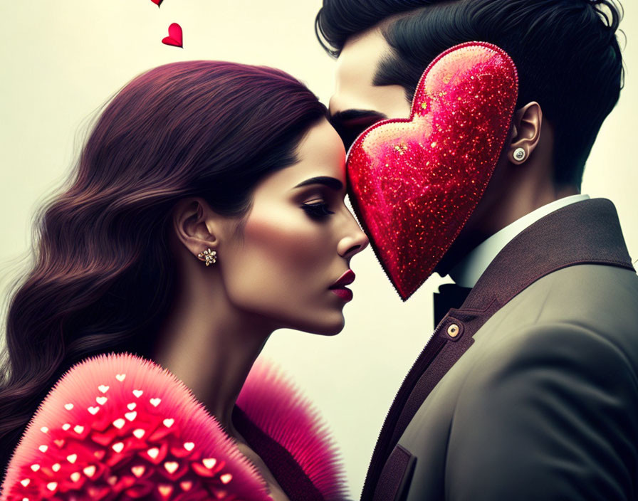 Stylized illustration of woman and man with profile views, man's head replaced by red heart