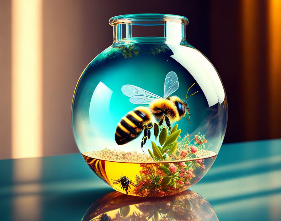 Realistic bee hovering over small plant ecosystem in glass terrarium