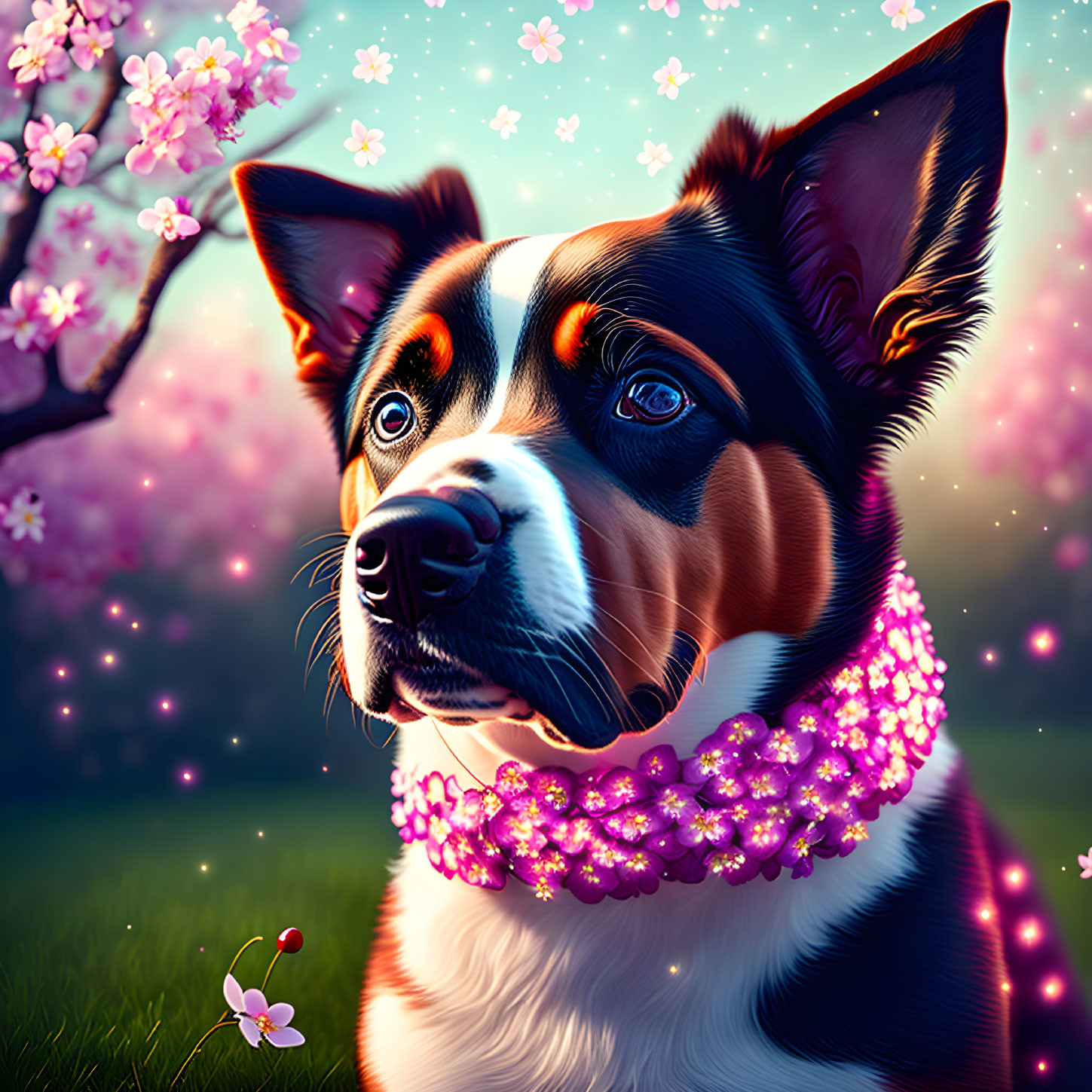 Colorful Digital Art: Tricolor Dog with Floral Necklace in Dreamy Landscape