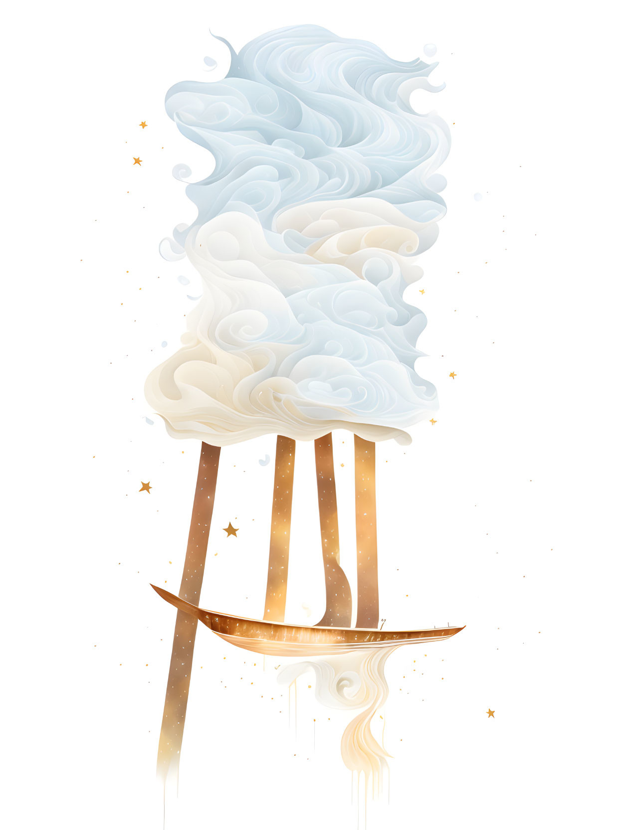 Illustration of walking umbrella with swirling clouds and sparkling stars